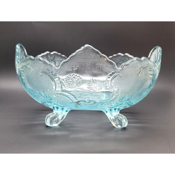 Blue Glass Bowl Jeannette Lombardi Floral Oval Footed Dish DD19 - Picture 2 of 7